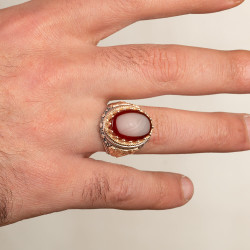 Symmetrical Design Silver Mens Ring with Dark Burgundy Agate Stone - 5