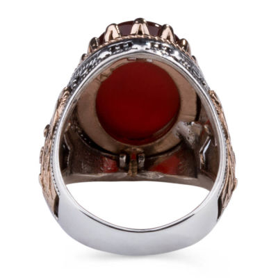 Symmetrical Design Silver Mens Ring with Dark Burgundy Agate Stone - 4