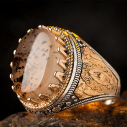 Symmetrical Design Silver Mens Ring with Natural Agate Stone - 4