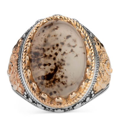 Symmetrical Design Silver Mens Ring with Natural Agate Stone - 2