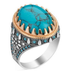 Symmetrical Design Sterling Silver Mens Ring with Turquoise Chalchuite Stone - 2