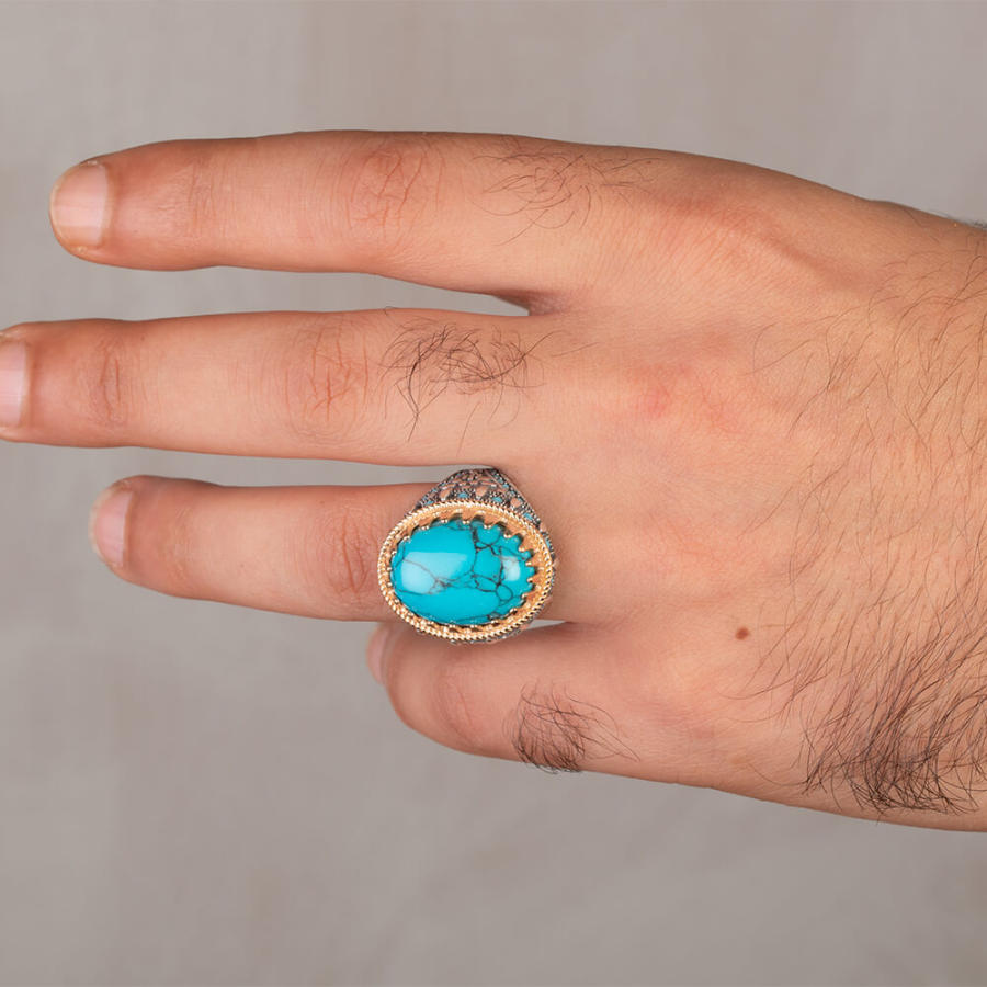 925 Sterling Silver Men's Ring with Turquoise Chalchuite Stone Ring for Men Turquoise Stone Ring