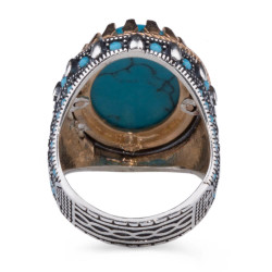 Symmetrical Design Sterling Silver Mens Ring with Turquoise Chalchuite Stone - 4