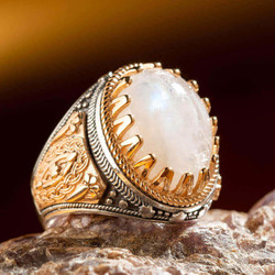 Symmetrical Design Sterling Silver Mens Ring with White Agate Stone - 5