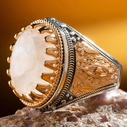 Symmetrical Design Sterling Silver Mens Ring with White Agate Stone - 1