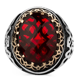 Symmetrical Sterling Silver Mens Ring with Red Zircon Stonework - 2