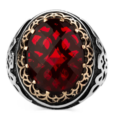 Symmetrical Sterling Silver Mens Ring with Red Zircon Stonework - 2