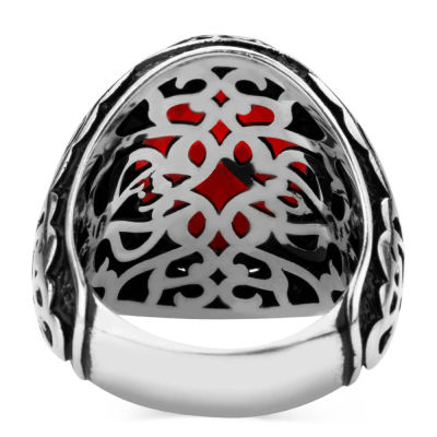 Symmetrical Sterling Silver Mens Ring with Red Zircon Stonework - 3