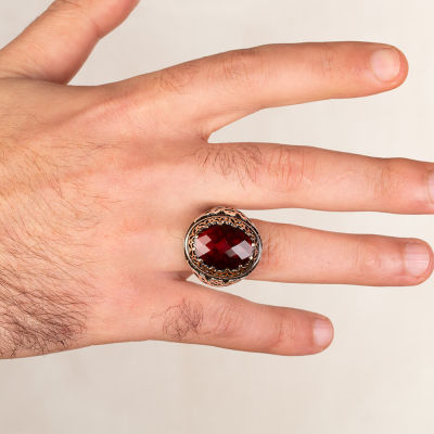 Symmetrical Sterling Silver Mens Ring with Red Zircon Stonework - 4