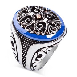 Symmetrically Design Pattern Silver Men's Ring Surrounded by Blue Stone - 1