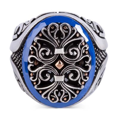 Symmetrically Design Pattern Silver Men's Ring Surrounded by Blue Stone - 2