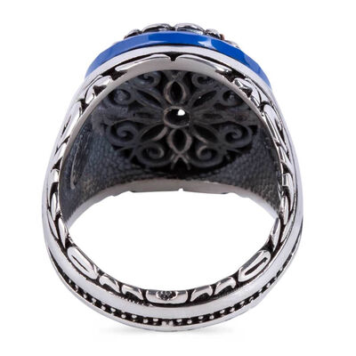 Symmetrically Design Pattern Silver Men's Ring Surrounded by Blue Stone - 3