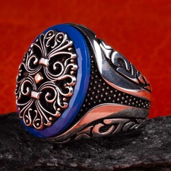 Symmetrically Design Pattern Silver Men's Ring Surrounded by Blue Stone - 5