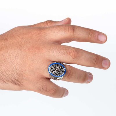 Symmetrically Design Pattern Silver Men's Ring Surrounded by Blue Stone - 4
