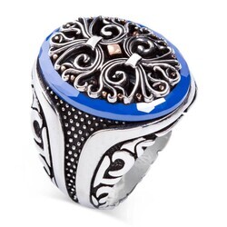 Symmetrically Design Pattern Silver Men's Ring Surrounded by Blue Stone - 6