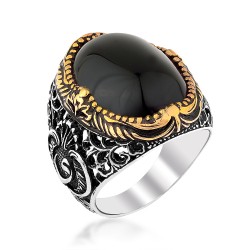 Symmetrically Inlaid Silver Mens Ring with Black Onyx Stone 