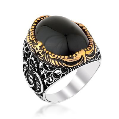 Symmetrically Inlaid Silver Mens Ring with Black Onyx Stone - 1