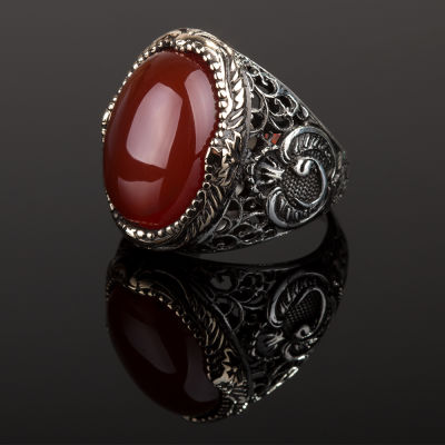 Symmetrically Inlaid Silver Mens Ring with Burgundy Agate Stone - 2