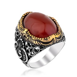 Symmetrically Inlaid Silver Mens Ring with Burgundy Agate Stone - 1