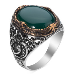 Symmetrically Inlaid Silver Mens Ring with Green Agate Stone 