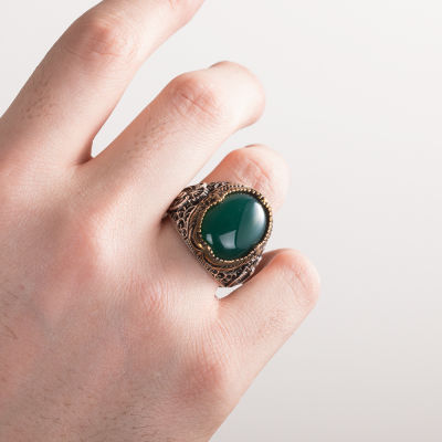 Symmetrically Inlaid Silver Mens Ring with Green Agate Stone - 2