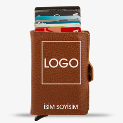 Tan Personalized Leather Card Holder with Double Auto Mechanism 