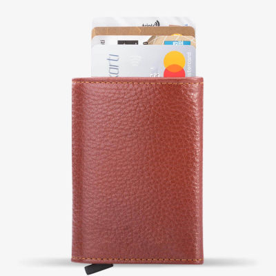 Tan Personalized Leather Card Holder with Mechanism - 5