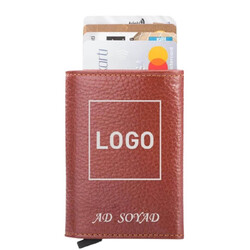 Tan Personalized Leather Card Holder with Mechanism 