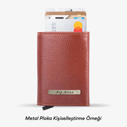 Tan Personalized Leather Card Holder with Mechanism - 2