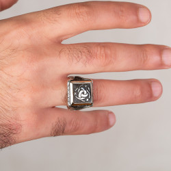Teşkilat-ı Mahsusa Motifli Kare Tasarım Erkek Gümüş Yüzüğü - Thumbnail