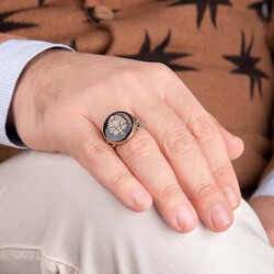 Three Crescent Motif Enamel Tree of Life Sterling Silver Men's Ring - 5