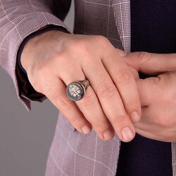 Three Crescent Motif Enamel Tree of Life Sterling Silver Men's Ring - 6