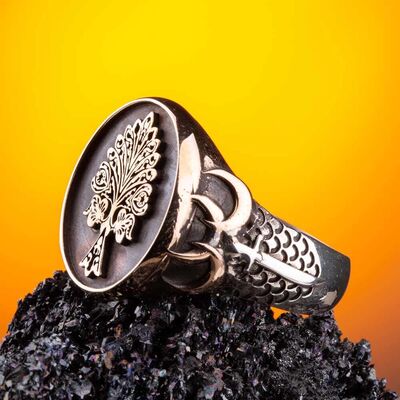 Three Crescent Tree of Life Sterling Silver Men's Ring - 7