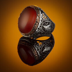 Tughra Motif 925 Sterling Silver Men's Ring Claret Red Agate Stone - 5