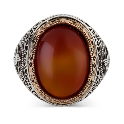 Tughra Motif 925 Sterling Silver Men's Ring Claret Red Agate Stone - 2