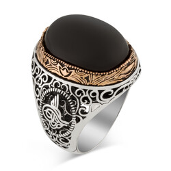 Tughra Motif 925 Sterling Silver Men's Ring with Black Onyx Stone - 1