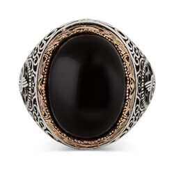Tughra Motif 925 Sterling Silver Men's Ring with Black Onyx Stone - 2