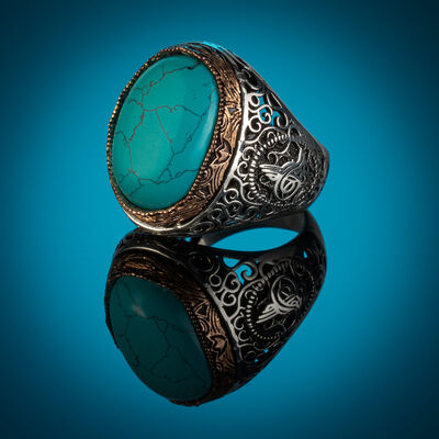 Tughra Motif 925 Sterling Silver Men's Ring with Turquoise Turquoise Stone - 5