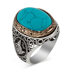 Tughra Motif 925 Sterling Silver Men's Ring with Turquoise Turquoise Stone - 1