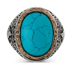 Tughra Motif 925 Sterling Silver Men's Ring with Turquoise Turquoise Stone - 2