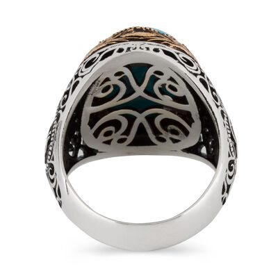 Tughra Motif 925 Sterling Silver Men's Ring with Turquoise Turquoise Stone - 3