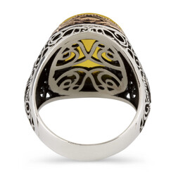 Tughra Motif 925 Sterling Silver Men's Ring with Yellow Stone - 3