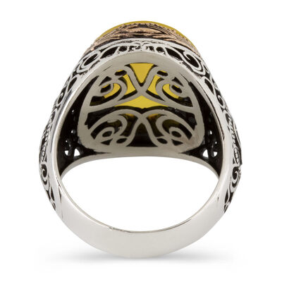 Tughra Motif 925 Sterling Silver Men's Ring with Yellow Stone - 3