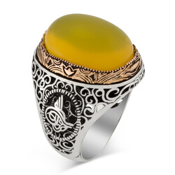 Tughra Motif 925 Sterling Silver Men's Ring with Yellow Stone - 1