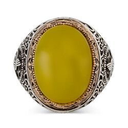Tughra Motif 925 Sterling Silver Men's Ring with Yellow Stone - 2