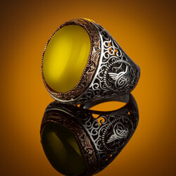 Tughra Motif 925 Sterling Silver Men's Ring with Yellow Stone - 5