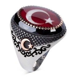 Turkish Flag Moon Star Silver Men Ring - 1