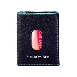 Twelve Hakiki Deri Patlı Kartlık Cüzdan Siyah-Mavi Detaylı - Anı Yüzük