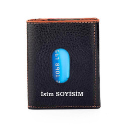 Twelve Hakiki Deri Patlı Kartlık Cüzdan Siyah-Turuncu Detaylı - Anı Yüzük