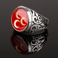 Üç Hilal Kırmızı Mineli Yüzük - Anı Yüzük